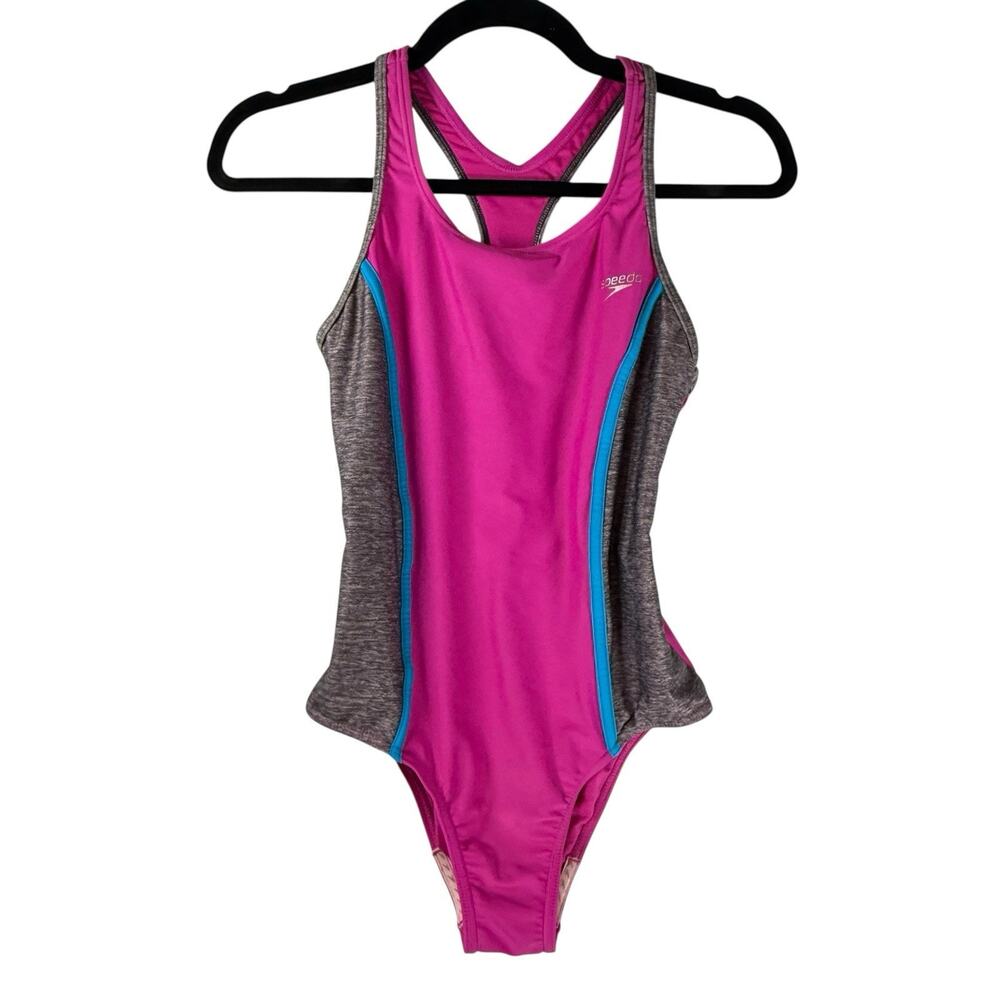 SPEEDO Girls SIZE 14 Fuchsia Pink Gray 1Piece Racerback Sporty Swimsuit Silicone